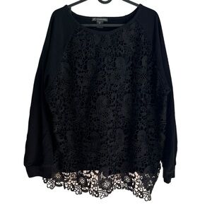 Adrianna Papell XXL Black Floral Crochet Overlay Pullover Sweatshirt